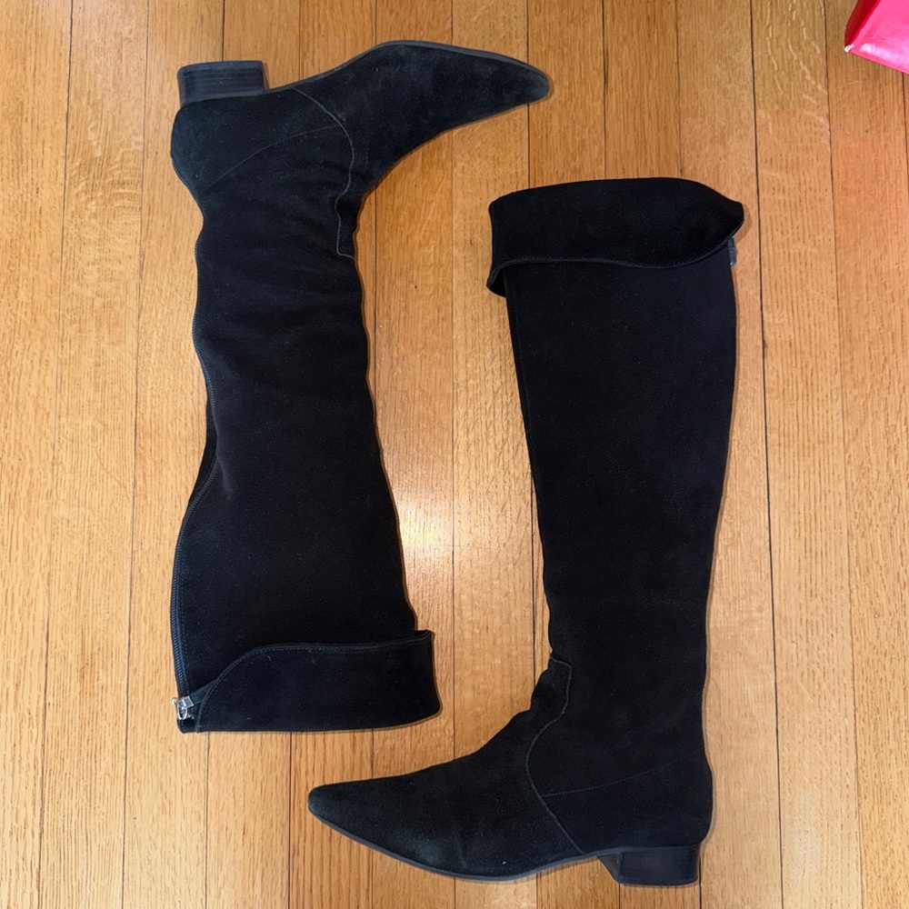 talbots BABS2 suede black boots knee high Folder Or over Flat Heel 7.5 Back Zip